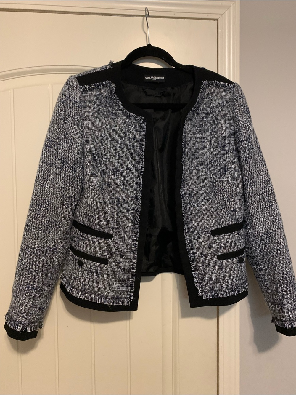 Karl Lagerfeld Blue and Black Tweed Frayed-Edge Blazer